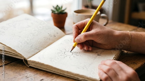 Close-up shot of a person's hand using a yellow pencil to draw a sun in an open sketchbook on a wooden table, creative, hobby, artist, morning.