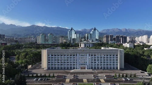 View from a quadcopper of Republic Square and the Akimat (City Hall) of the Kazakh city of Almaty