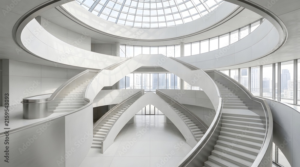 Fototapeta premium Elegant spiral staircase in a modern building with bright natural light and minimalist design