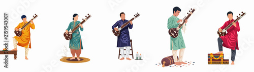 Bild auf Leinwand Set of diverse Indian musicians in traditional clothing playing sitar, isolated on white background