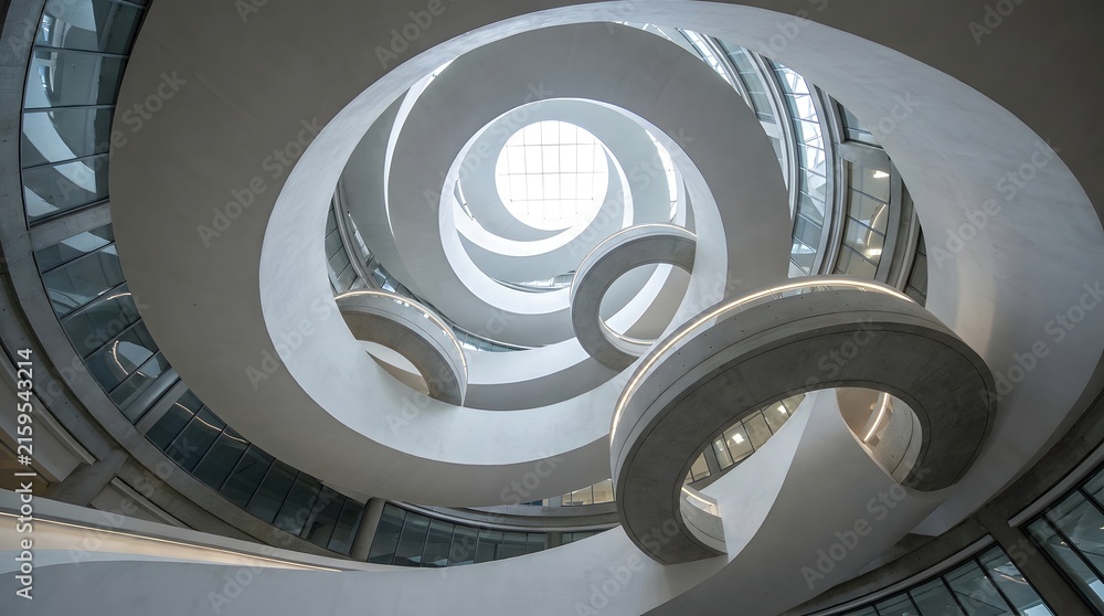 Fototapeta premium Abstract view looking up a modern spiral staircase with white walls and dark metal railings in a building