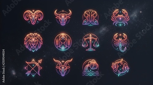 Vibrant neon zodiac sign collection featuring twelve glowing astrological symbols arranged in a grid against a dark starry background with artistic gradient lines and celestial energy.