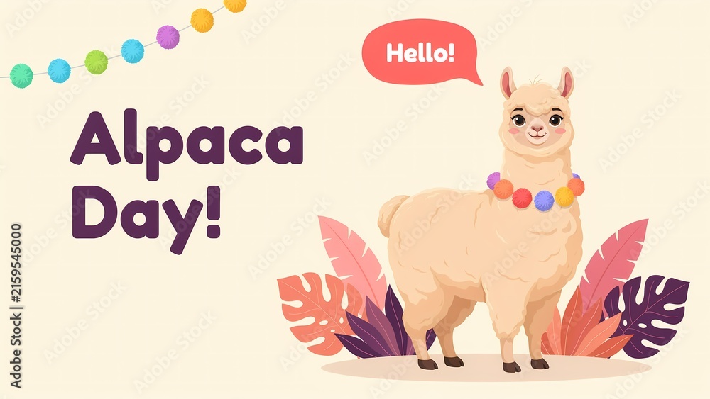 Naklejka premium Cute cartoon alpaca with hello speech bubble and festive party decorations for alpaca day celebration