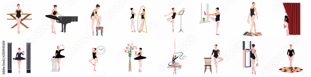 Fototapeta premium Collection of Minimalist Vector Illustrations Depicting a Ballerina in Various Professional and Training Poses Isolated on White Background