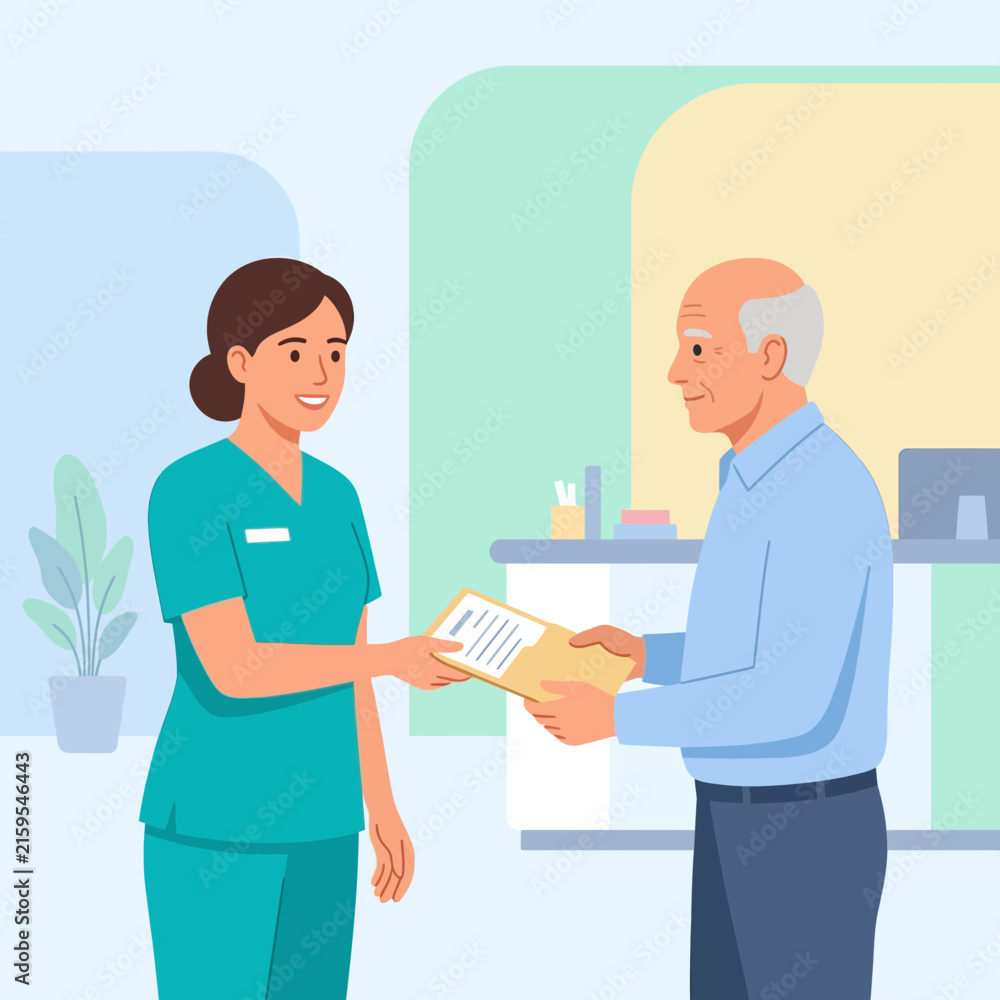 Fototapeta premium Nurse Hands Paperwork to Elderly Patient at Reception Desk in Modern Clinic