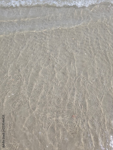 Photography Top down view of crystal clear sea water flowing gently over fine light sand