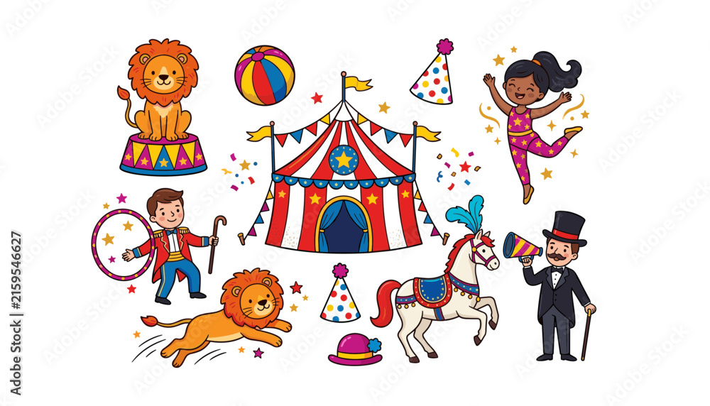 Fototapeta premium Cute circus vector elements set featuring carnival tent ringmaster acrobat performers cartoon lions horse and festival decorations,