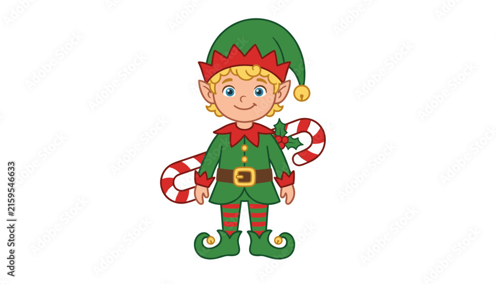 Fototapeta premium Cute Christmas elf boy vector illustration wearing green costume holding candy cane isolated on white background festive holiday character,