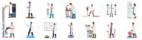 Collection of medical professionals and scientists in various healthcare and laboratory roles, featuring doctors, researchers, and advanced medical technology illustrations.