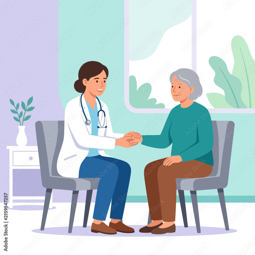 Fototapeta premium Doctor holding hands with elderly patient, showing care and empathy during a medical consultation, vector illustration