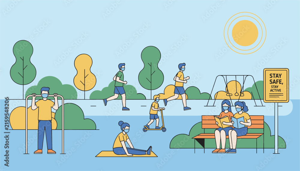 Naklejka premium Diverse people wearing protective face masks engage in various outdoor activities like running and exercising in a public city park.