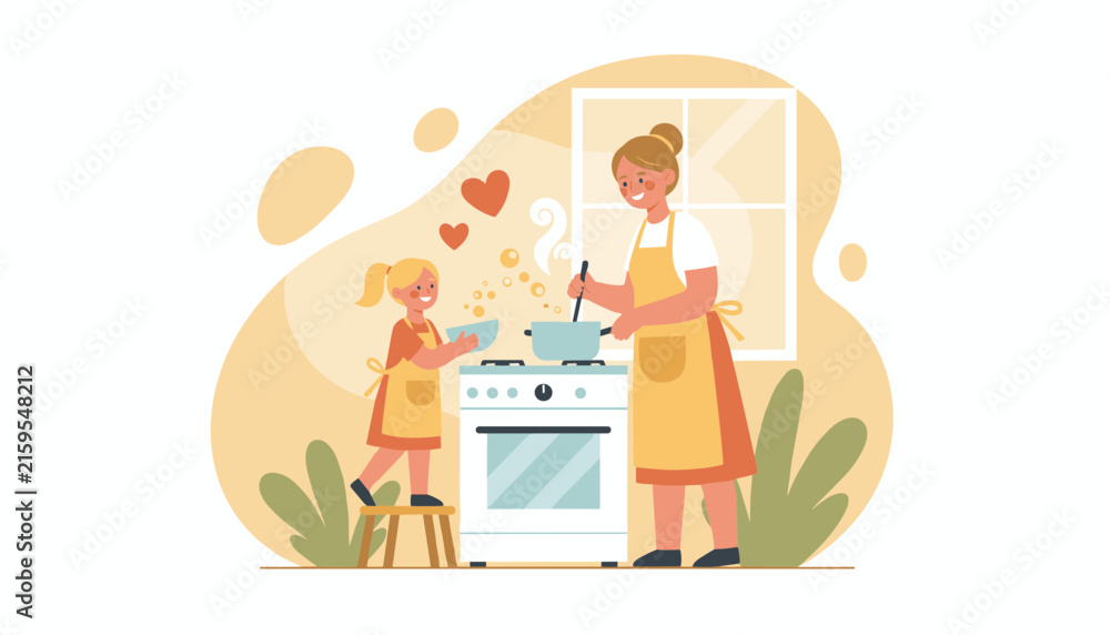 Fototapeta premium Smiling mother and young daughter bond while cooking a meal together at a stove in a warm and loving home kitchen environment.
