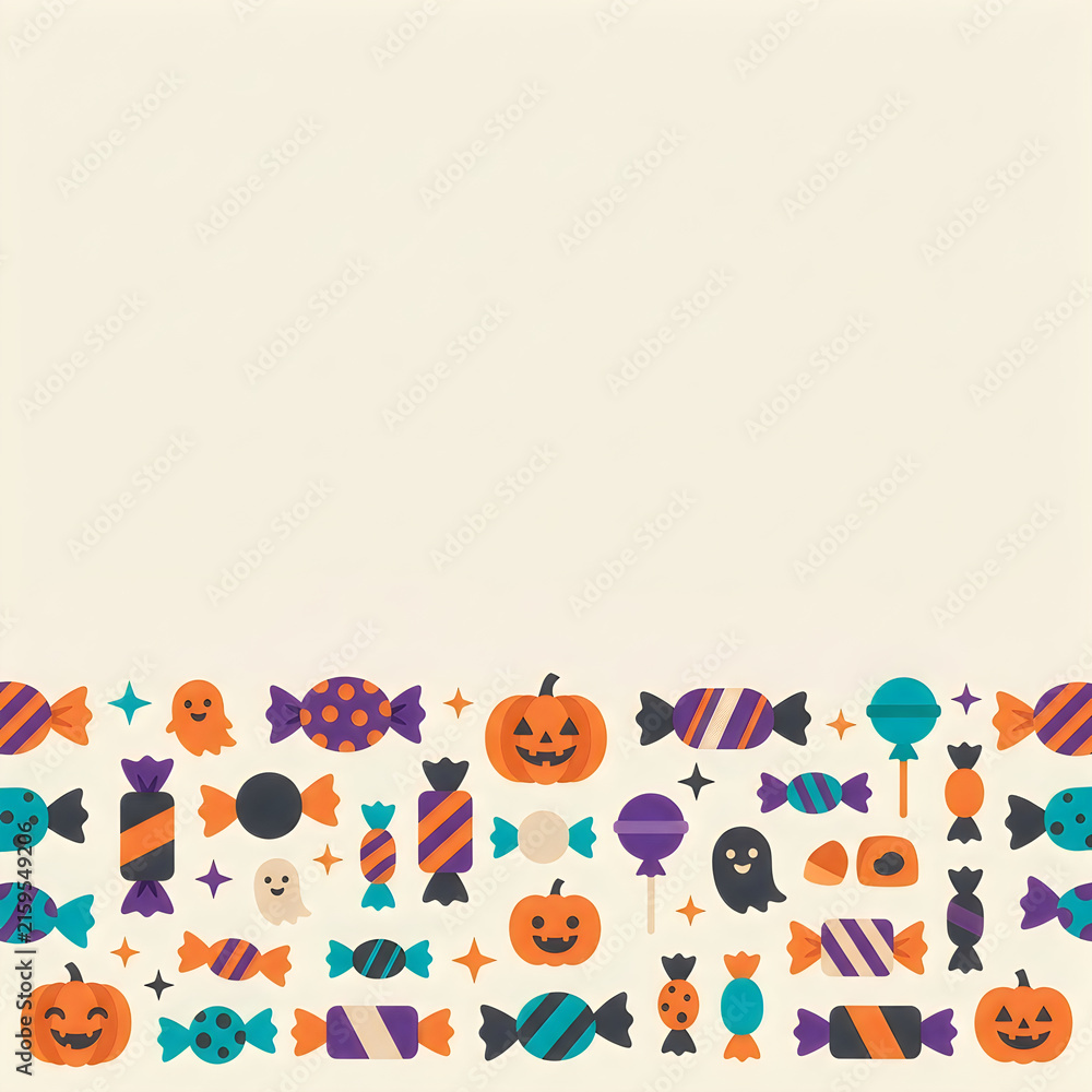 Fototapeta premium Halloween candy and pumpkin border pattern on a cream background