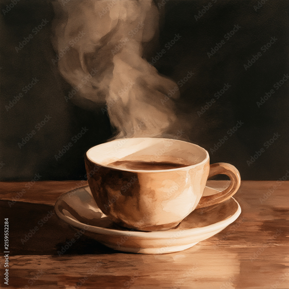 Fototapeta premium Minimalist watercolor of steaming coffee cup on saucer