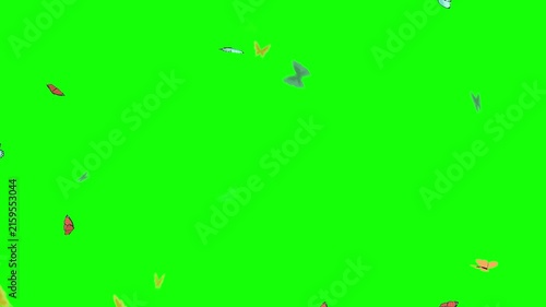 Butterflies float and scatter across a bright green screen background for video editing and compositing effects.