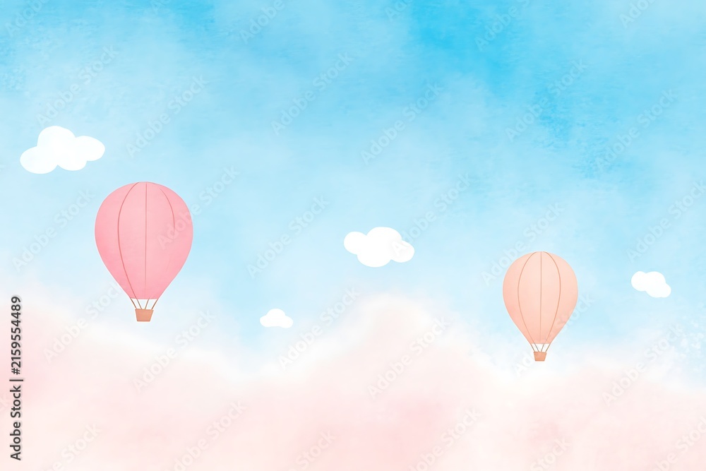Fototapeta premium Two hot air balloons floating in a pastel sky