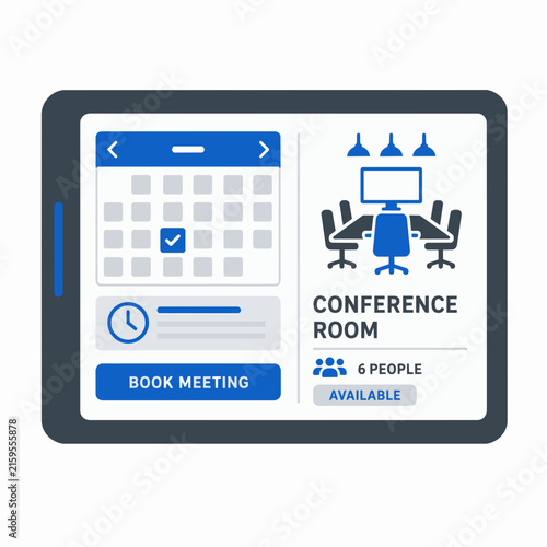 Modern Conference Room with Digital Calendar and Meeting Setup
