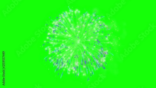 Fireworks burst produces bright green sparks and smoke against a solid chroma key green screen background.