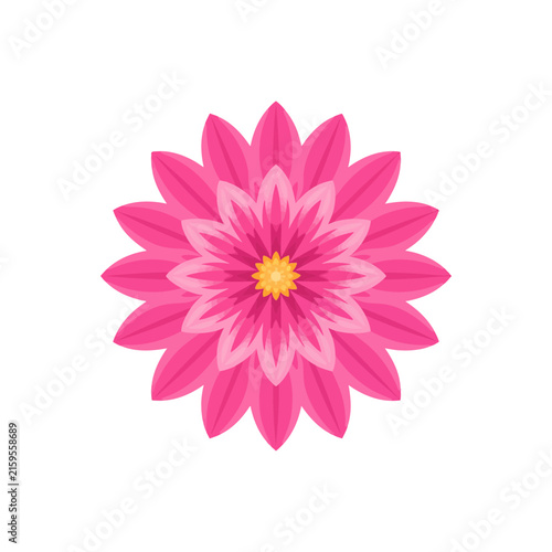 Beautiful bright pink flower icon with detailed petals and a yellow center for floral design projects isolated on transparent background, Vector
