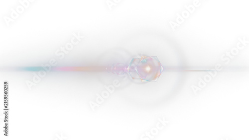 Anamorphic lens flare with horizontal light streak, glowing optical sun burst on white background, ethereal rainbow prism light effect