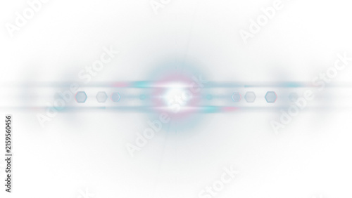 Anamorphic lens flare with blue and pink light leaks, horizontal optical glow on white background, cinematic sun burst effect