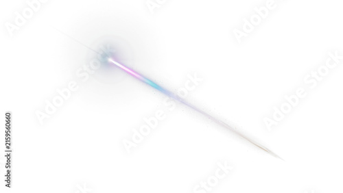 Luminous light streak with rainbow gradient, glowing neon laser beam on white background, vibrant energy trail for motion design