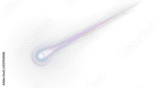 Glowing meteor trail on white background, ethereal comet streak with purple and blue light, cosmic energy beam for sci-fi design