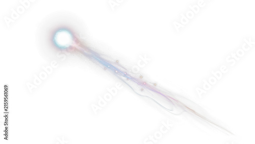 Luminous magic spell projectile, glowing energy bolt with trail on white background, ethereal blue and purple light streak