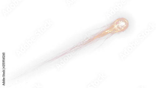 Glowing meteor streak on white background, fiery comet trail with light effect, burning fireball falling through space