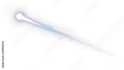 Glowing blue comet streak on white background, ethereal light trail with magic spark effect, cosmic energy motion graphic element
