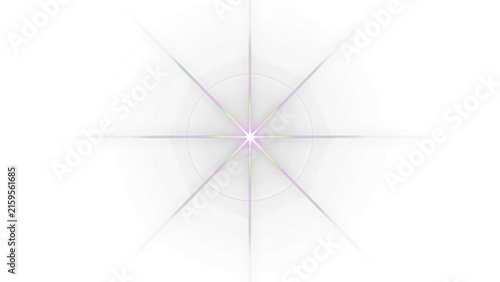 Luminous starburst lens flare, bright white light effect with purple center, glowing optical sunburst on white background