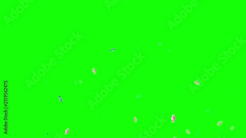 Coins and small reflective particles float across a bright green chroma key background for visual effects.