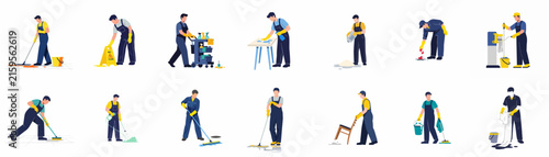 Set of professional cleaners and janitors performing various cleaning tasks like mopping, vacuuming, and dusting, isolated on a white background.