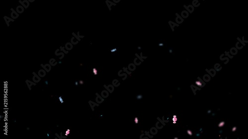 Light particles in soft pink and blue hues float subtly across a solid black background creating a magical effect.