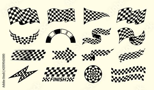 Set of black checkered racing flags and finish symbols vector illustration with checkered competition motorsport collection isolated silhouette challenge champion