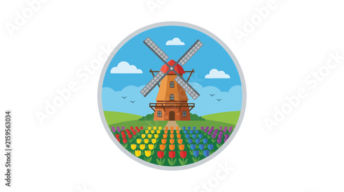 A vibrant illustration of a traditional Dutch windmill standing amidst rows of colorful tulip fields under a bright blue sky with fluffy clouds.