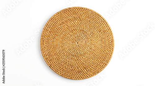 Top view of a woven rattan placemat on a white background.