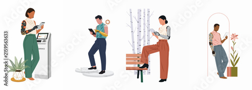 Collection of diverse people with bionic prosthetic arms using digital tablets and technology in modern flat vector style illustrations.