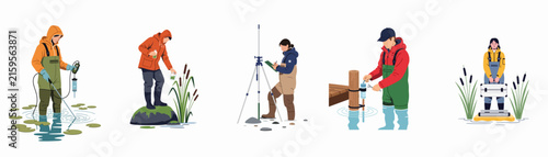 Vector illustrations of environmental scientists and researchers performing water monitoring, sample collection, and field work in various aquatic environments.