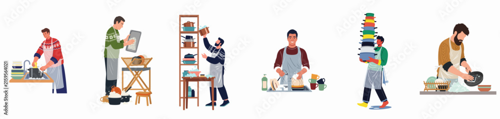 Fototapeta premium Collection of diverse men performing various kitchen chores including washing, drying, and organizing dishes, isolated on a white background vector illustration.