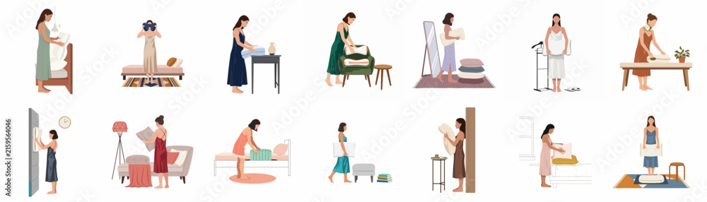 Fototapeta premium Collection of Illustrations Depicting Women Performing Various Daily Household Chores and Routines Isolated on White Background
