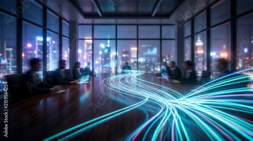 Business team in a high tech boardroom at night with glowing data streaks and abstract light lines flowing across the conference table representing digital business intelligence