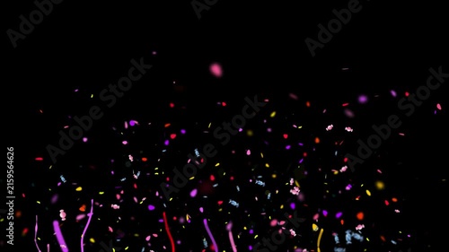 Multicolored confetti pieces and paper streamers bursting upward against a dark black background.