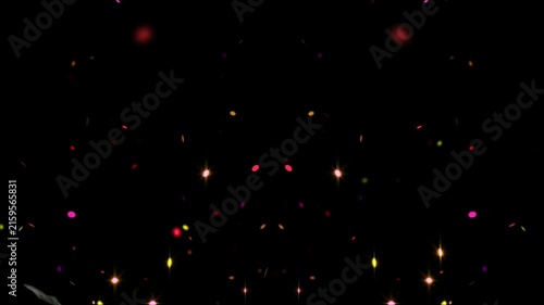 Luminous sparkles and colorful floating particles radiating across a solid black background for overlay effects.