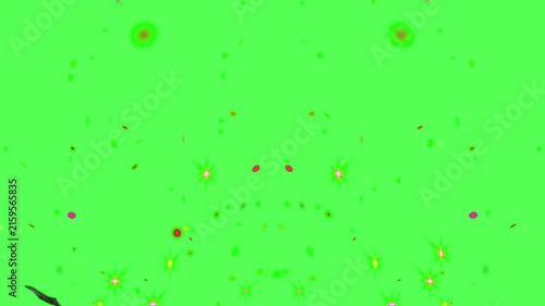 Confetti particles and glowing sparkles floating against a bright green screen background for video overlay design.