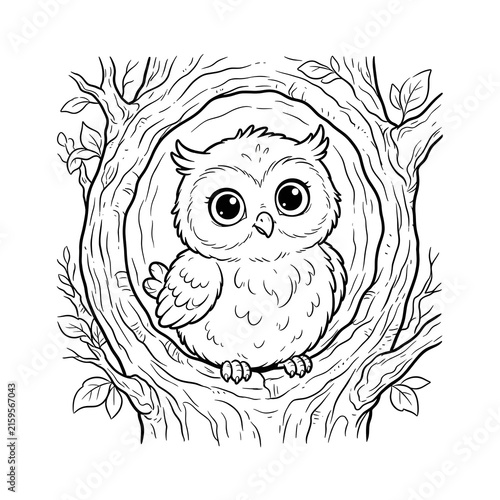 Cute baby owl peeking from tree hollow in minimalist black and white sketch illustration