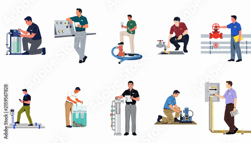 Set of professional technician illustrations showing various maintenance, plumbing, and industrial water system repair tasks on a white background.
