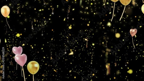 Balloons in heart and round shapes float with golden confetti particles across a dark black background.