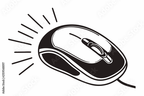 Minimalist black and white computer mouse vector icon with scattered ink strokes on plain background