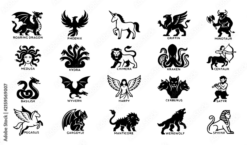 Fototapeta premium Heraldic Mythical Creatures and Royal Emblem Silhouette Icon Set for Vintage Family Crests Luxury Branding and Medieval Graphic Designs 